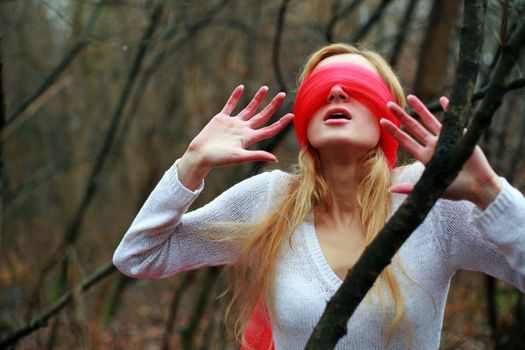 An image of blindfolded woman in the forest