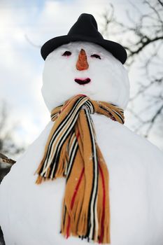 Snowman in a  striped  scarf  and hat