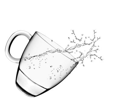 A glass of water and water splahes on white background