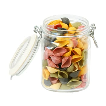 An image of colorfull pasta in glass jar on white