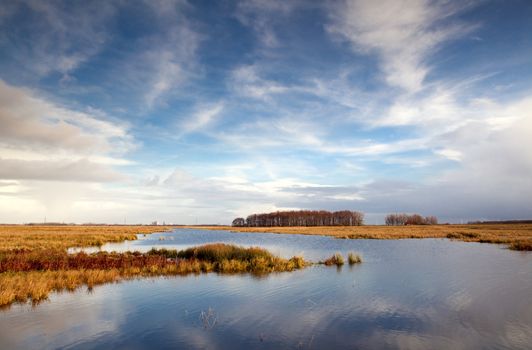 beautiful blue sky with clouds reflected in lake