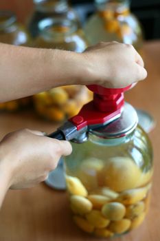 An image of hands canning a jar of apricots