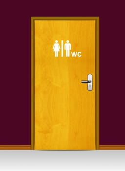 Sign of public toilets WC on wooden door