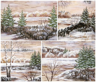 Pictures, set winter natural landscapes. Hand draw, distemper on a birch bark