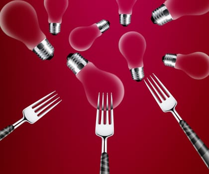 Forks around light bulb, on green background