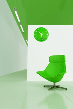 green toned interior with moder chair and clock