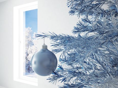 blue christmas ball in an environment of ribbons on a window background