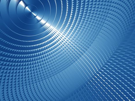 Rendering of section of blue metallic three dimensional circular mesh suitable as a background screen