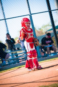 Little league baseball catcher standing up at home plate looking.