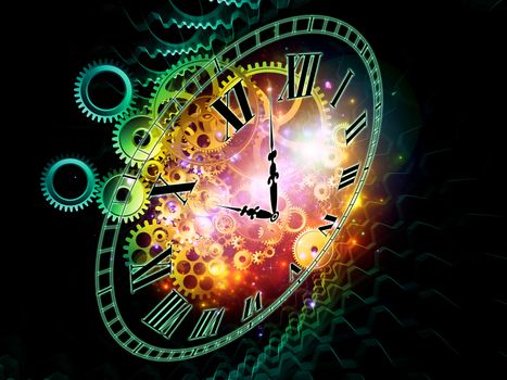 Composition of clock hands, gears and abstract design elements as a concept metaphor on subject of time, technological, engineering and industrial processes, deadlines, past, present and future