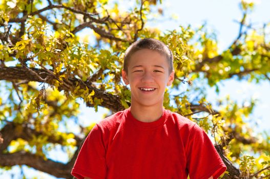 Teenage boy up in the tree happy and smiling.