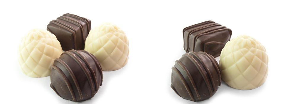 The isolated sweets from white and milk chocolate