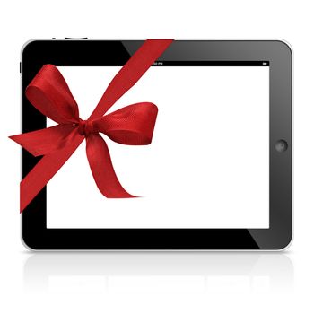 ipad tablet computer with Red Satin gift ribbon isolated on white background