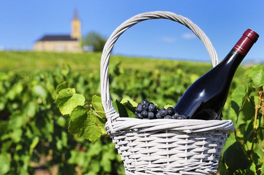 Bottle of red wine in a basket of reasons near a typical church