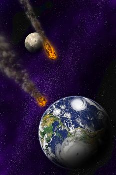 Attack of the asteroid on the planet in the universe. Abstract illustration of a meteor impact.