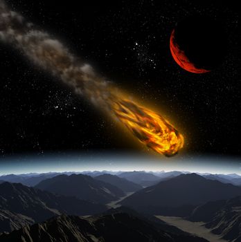 Attack of the asteroid on the planet in the universe. Abstract illustration of a meteor impact.