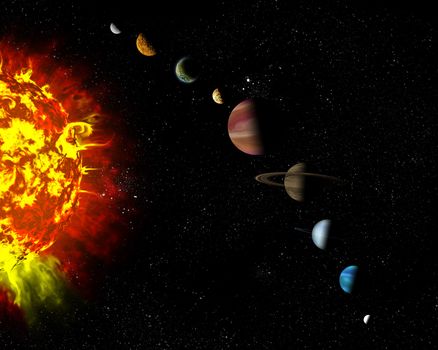 Illustrated diagram showing the order of planets in our solar system. Abstract illustration of planets in deep space.