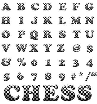 Exclusive collection letters with chess square on white background. White and black illustrated chess square letters.