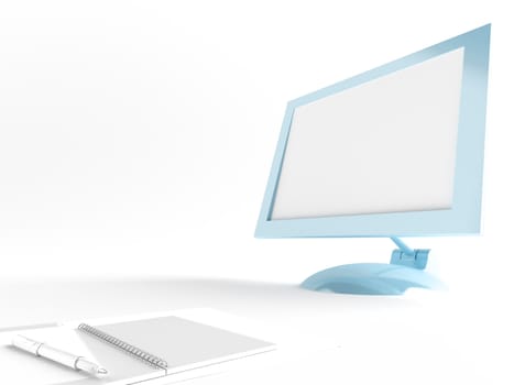 modern monitor with stylish design and notepad with pen