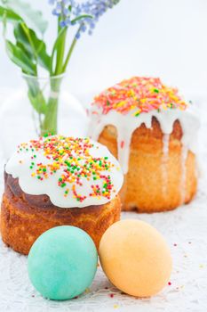 colorful eggs and Easter cake on festive Easter table