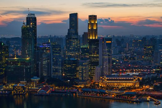 Sunset Over Singapore City Skyline Aerial View