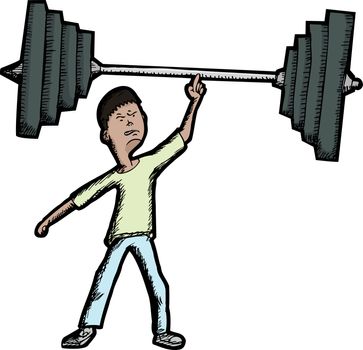 Skinny Latino teen lifts large barbell with finger