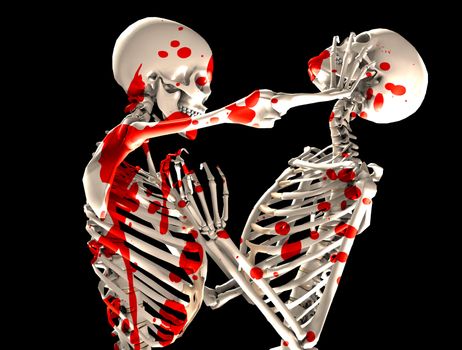 Pair of skeletons that are fighting each other covered in blood.