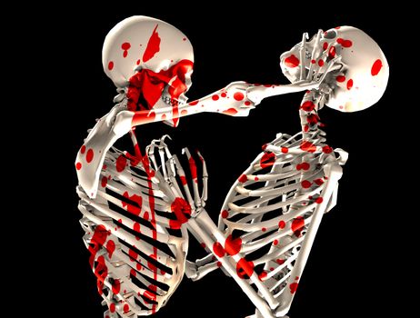 Pair of skeletons that are fighting each other covered in blood.