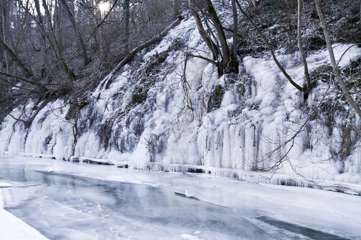 frozen river with ice. rural scene in south germany