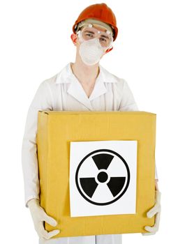 A scientist with a radioactive box isolated on white background