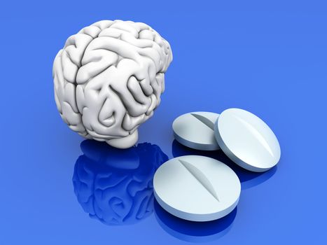 Some pills for the Brain. Symbolic for Drugs, Psychopharmaceuticals, Nootropics and other Medications. 3d rendered Illustration.