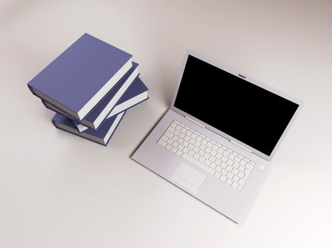 A Laptop with books. 3D rendered illustration.  