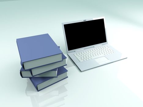 A Laptop with books. 3D rendered illustration.  