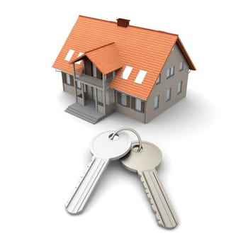 House and a pair of Keys. 3D rendered Illustration. Isolated on white.