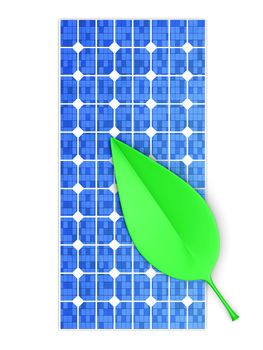 Ecologic Energy. A solar panel with a Leaf. 3D rendered Illustration. Isolated on white.