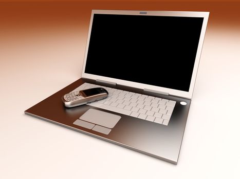 A cell phone and a Laptop. Mobile communication technology. 3D rendered Illustration.