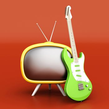 3D rendered Illustration. Retro tube TV with an classic electric Guitar.