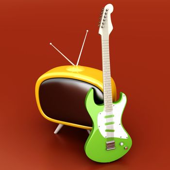 3D rendered Illustration. Retro tube TV with an classic electric Guitar.