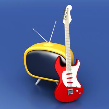 3D rendered Illustration. Retro tube TV with an classic electric Guitar.