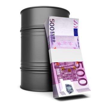 Euros and oil. 3D rendered Illustration. Isolated on white.