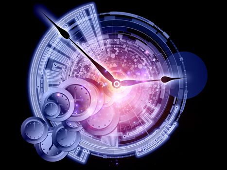 Composition of clock hands, gears and abstract design elements as a concept metaphor on subject of time, technological, engineering and industrial processes, deadlines, past, present and future