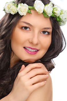 beauty smile woman with flower isolated on white