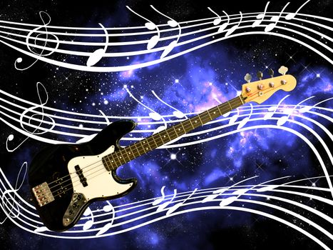 Bass guitar and note in the deep space, Music concept