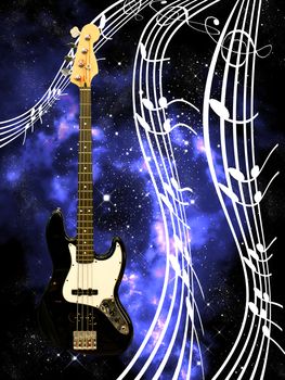 Bass guitar with music in the deep space, Music concept