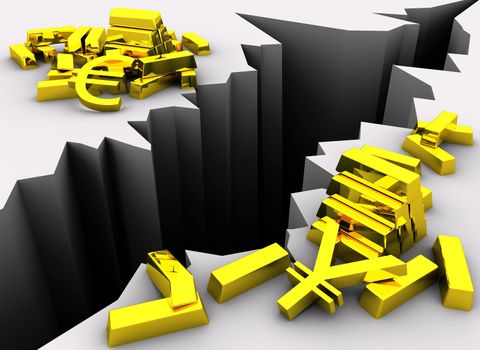 Illustrative concept of exchange rate difference. Golden Euro and Yen symbols near gold bars separated by symbolic crack in the ground that is metaphorically illustrating significant difference in Euro and Yen exchange rate.