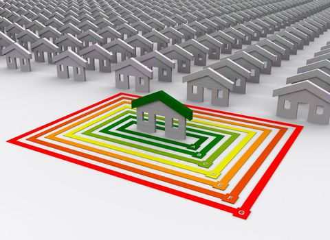 Concept of energetically efficient house targeted in symbolic color scheme that represents values of energetic efficiency. House is separated from the crowd of ineffient houses. Dark Green (letter A) represents "more efficient" and Dark Red (letter G) represents "less efficient" values.