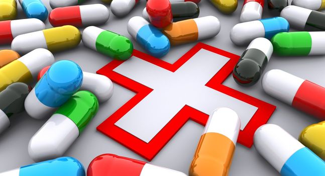 Concept of many pills and red cross rendered on white background. Pills are in red, blue, green, yellow and orange colors.