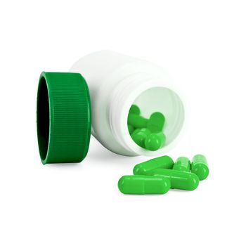 Capsules green in a white bottle, green cap isolated on white background