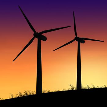 Illustration depicting two silhouetted wind turbines against a warm sunset.