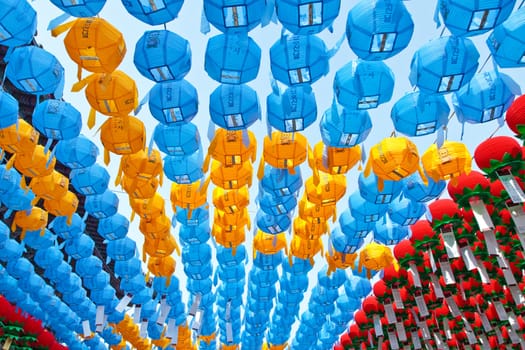 Colorful paper lanterns in buddhist temple for celebration Buddha's birthday
